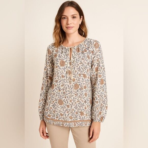 Lucky Brand Relaxed Tie Front Blouse in Brown and White - Picture 1 of 9